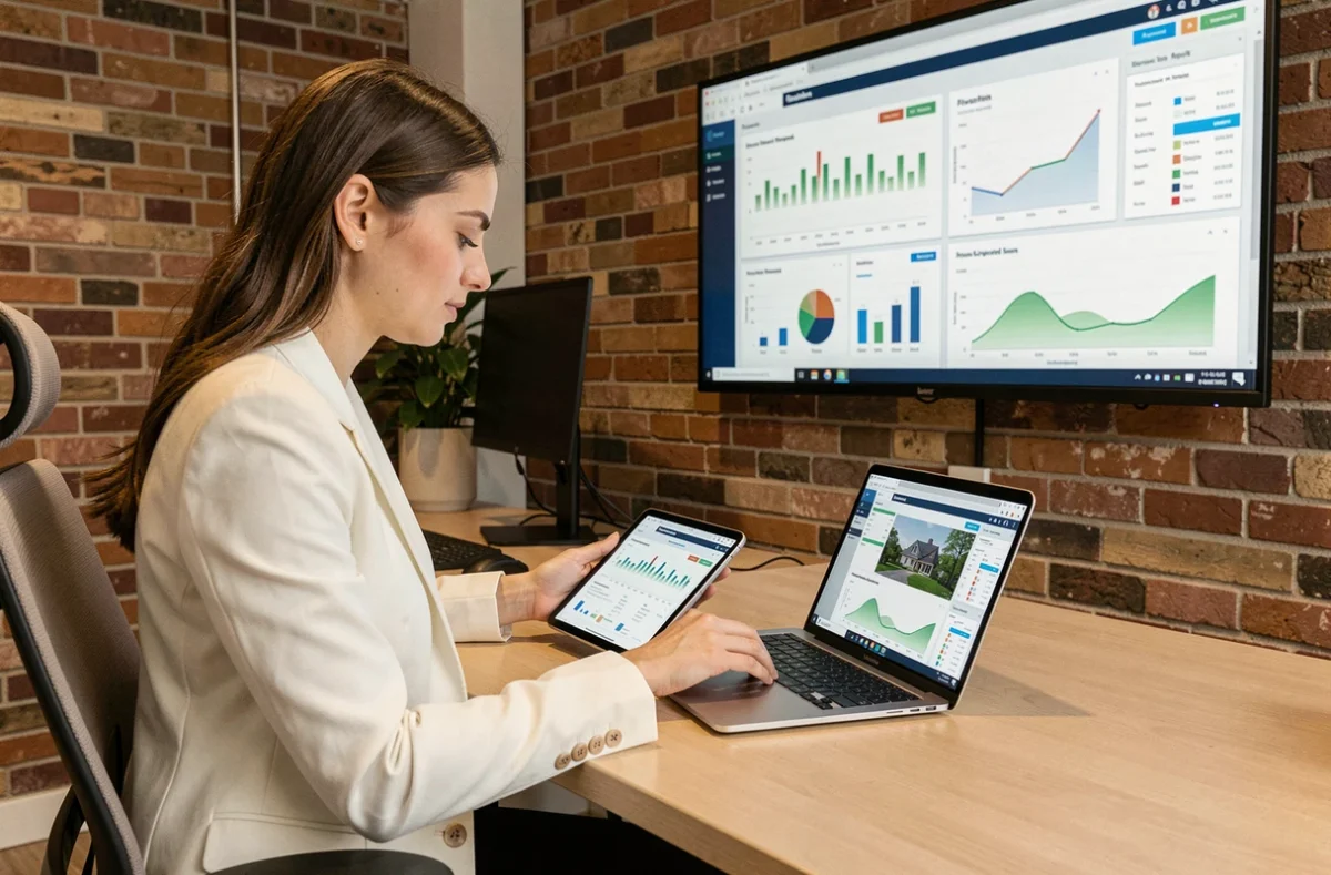 Conseillère de Figital Expertise analysant des données d'investissement immobilier sur tablette et ordinateur dans un bureau hybride