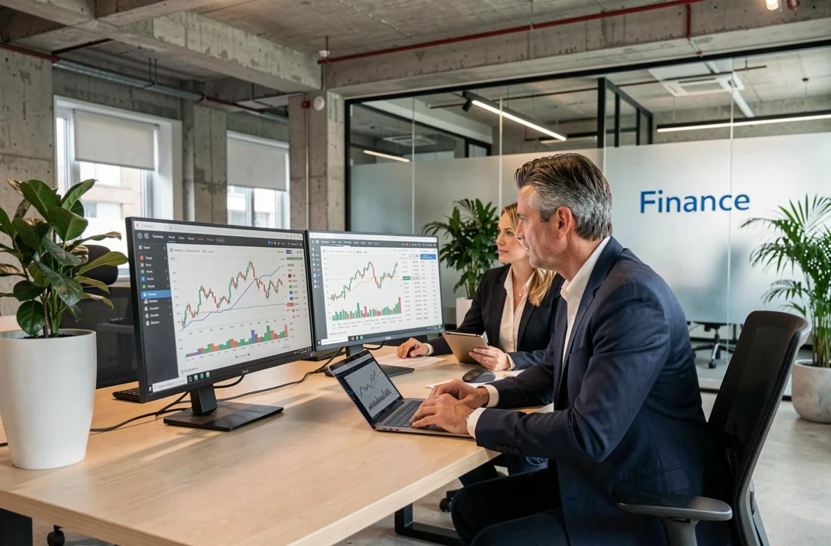 Deux conseillers du cabinet K&P Finance collaborant sur des stratégies d'investissement patrimonial