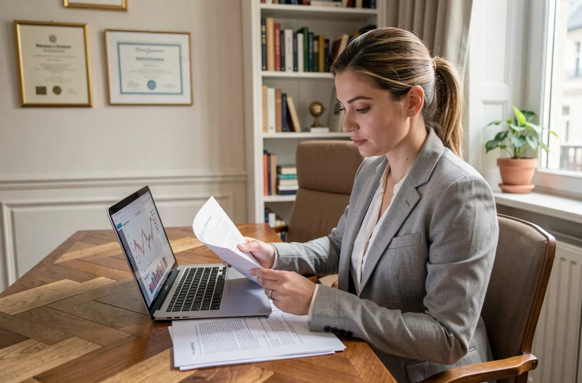 Analyste du cabinet LMC Invest étudiant des documents d'investissement immobilier pour la défiscalisation