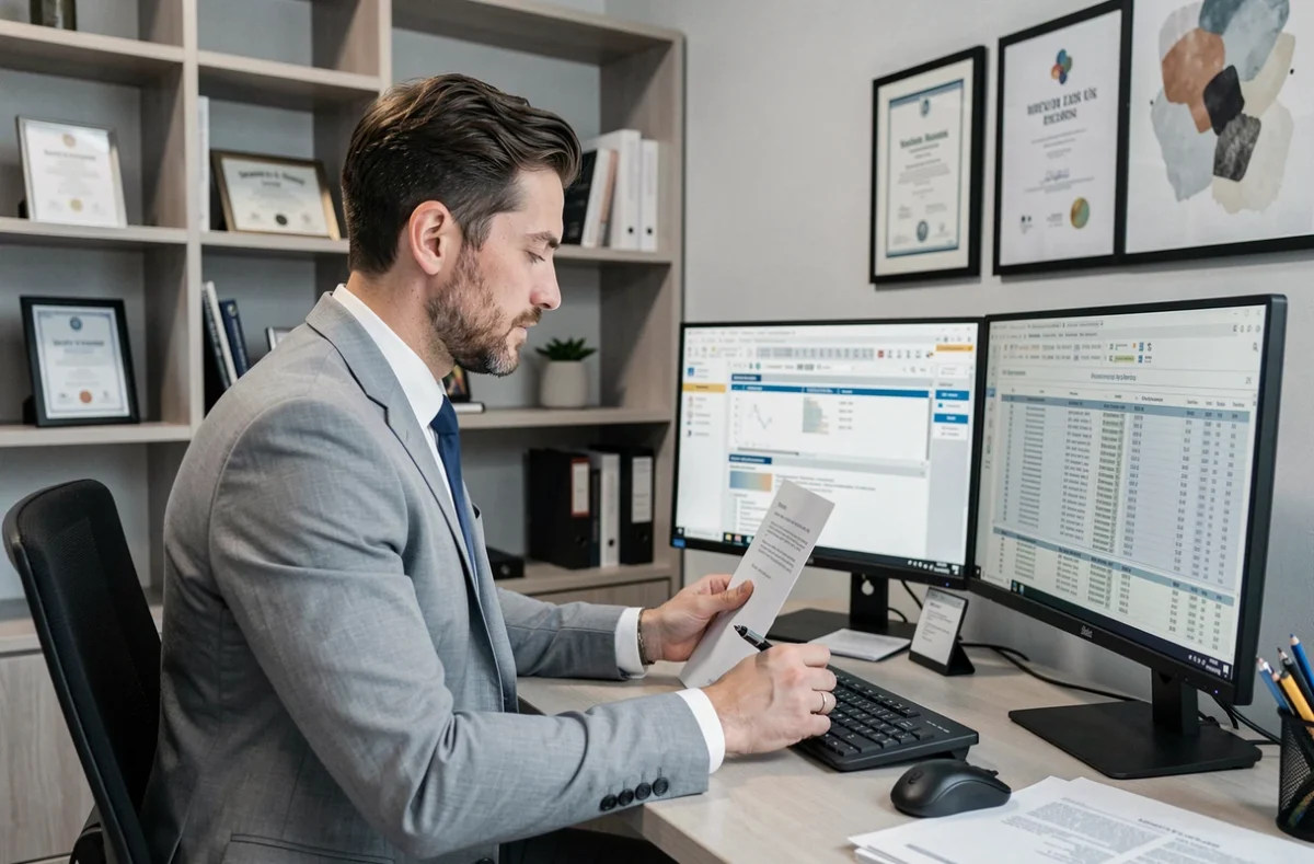Expert-comptable de MOON Expertise examinant un dossier d'audit fiscal sur double écran dans un bureau moderne