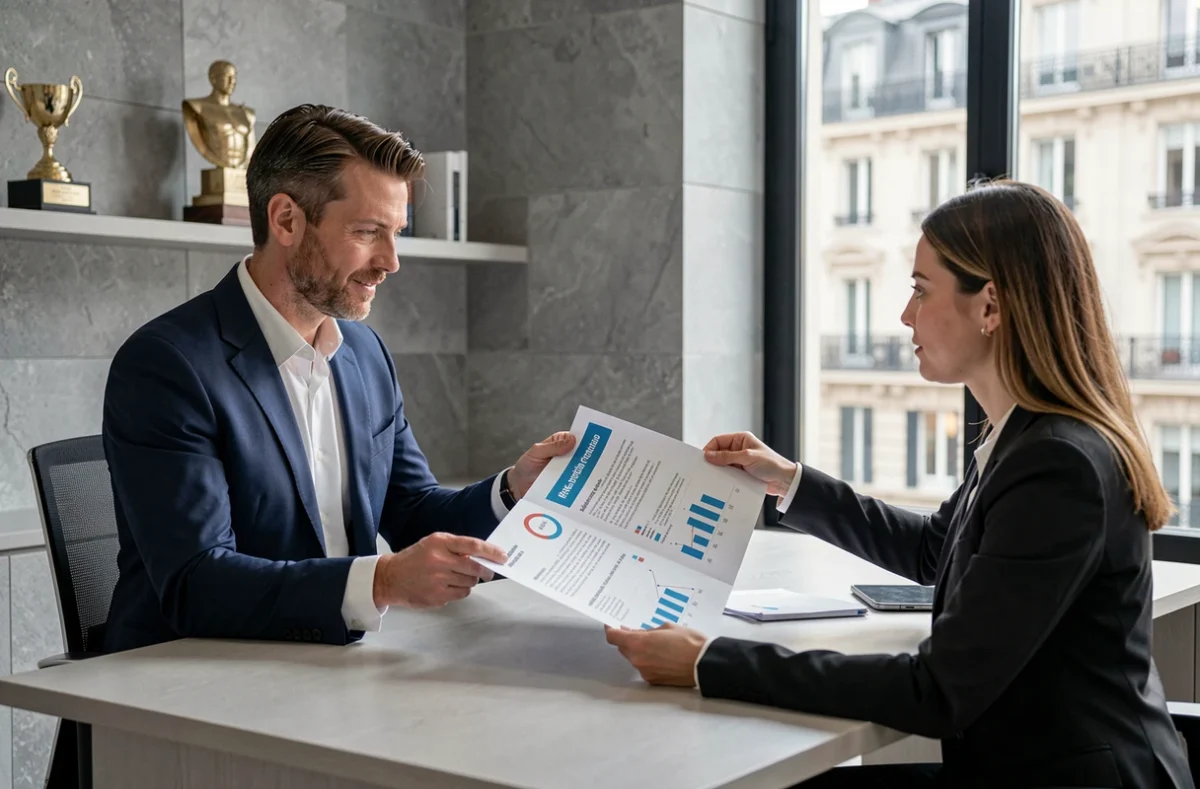 Conseiller de Rempart Financier présentant un rapport de protection patrimoniale à une cliente dans un bureau parisien