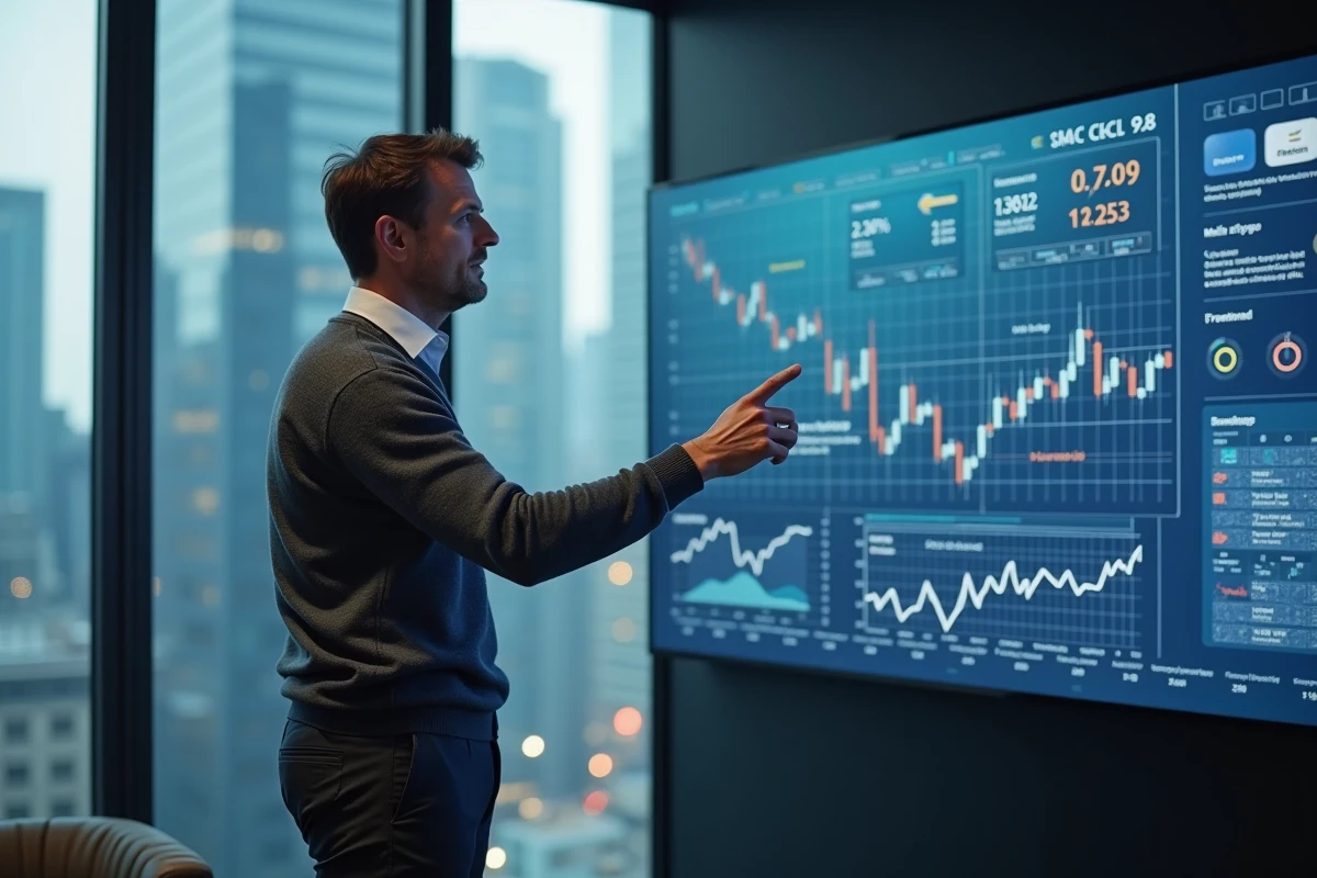 Un cadre fintech présente des données d'investissement sur un écran tactile dans une salle de réunion avec vue sur la ville