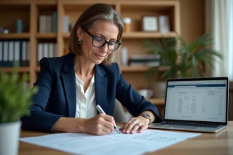 Femme analysant un contrat de prêt avec calcul des intérêts de pénalité sur un bureau en bois