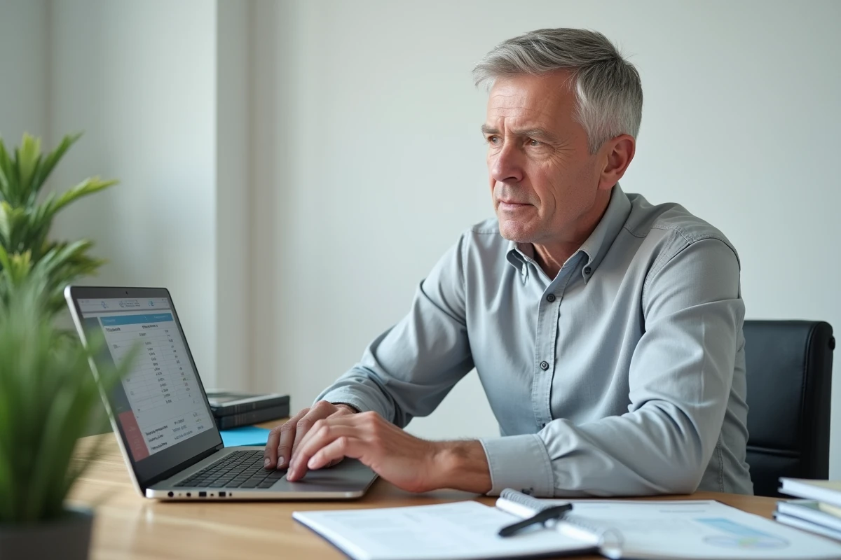 Homme consultant un tableau de remboursement de prêt sur ordinateur portable dans un bureau à domicile, calculant les économies d'intérêts