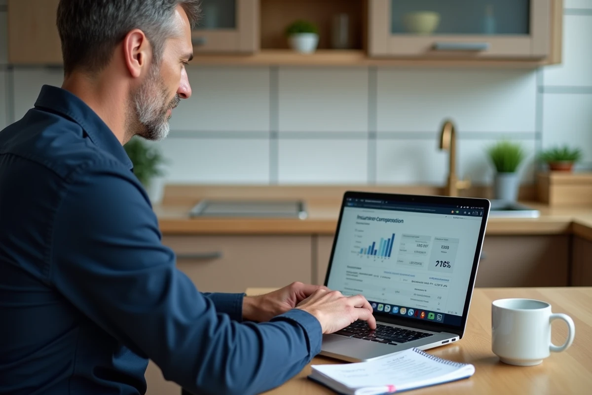 Un homme consulte un site de calcul de taux d'indemnisation sur son ordinateur portable depuis chez lui