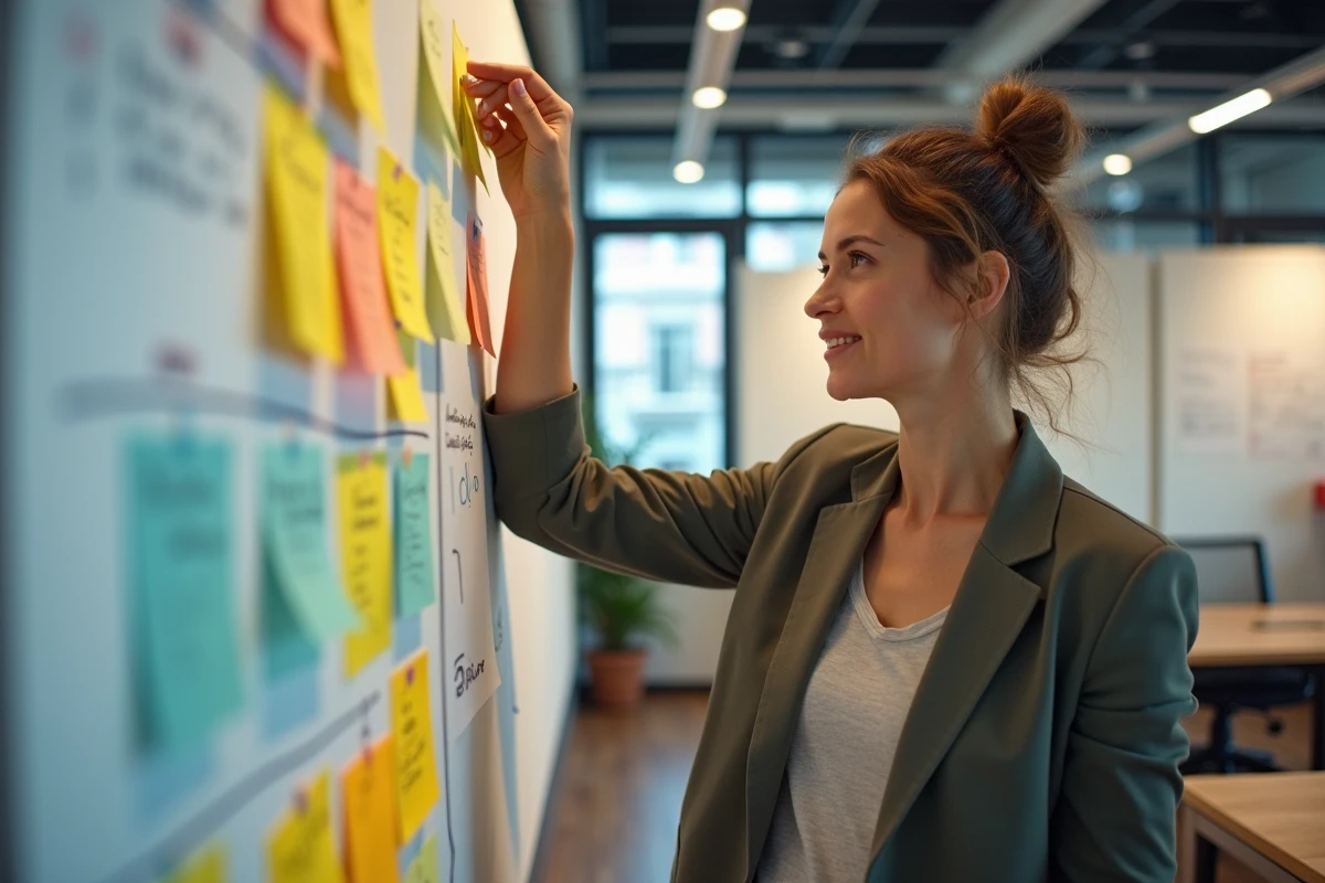Une professionnelle réorganisant activement un tableau de gestion de projets pour s'adapter aux changements de son environnement d'affaires