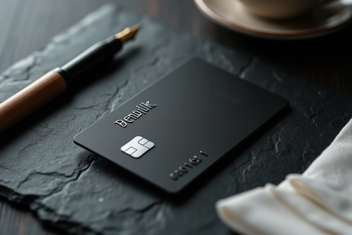 Carte bancaire noire haut de gamme posée sur ardoise avec stylo plume et pochette blanche en gros plan