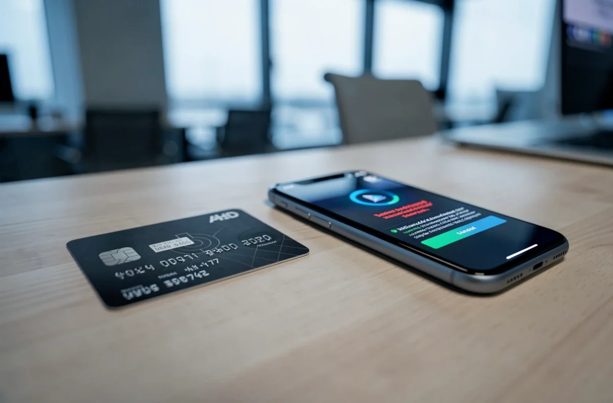 Carte bancaire posée près d'un smartphone affichant une alerte de sécurité