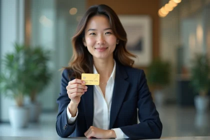 Femme tenant une carte Visa Gold dans un bureau bancaire moderne, illustrant le coût et les avantages d'une carte Visa Gold