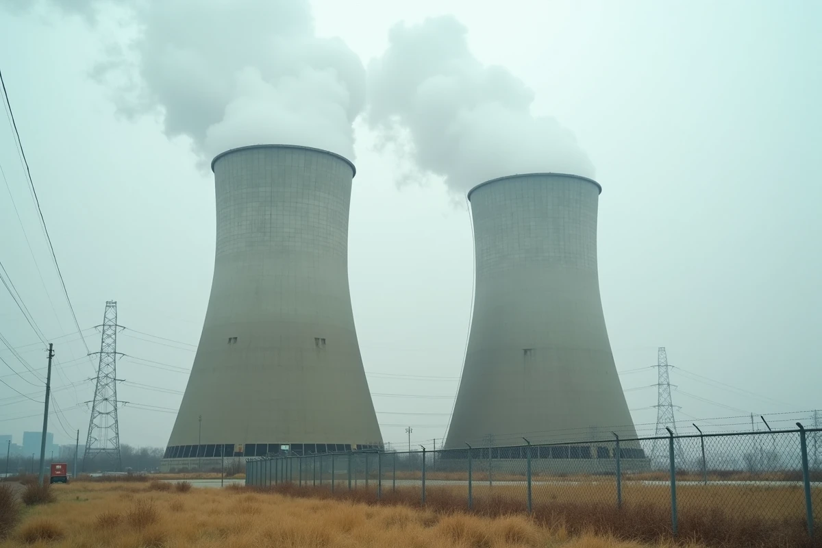 Centrale électrique au charbon avec ses tours de refroidissement émettant de la vapeur, symbolisant l'impact environnemental de la consommation énergétique liée au minage de cryptomonnaies