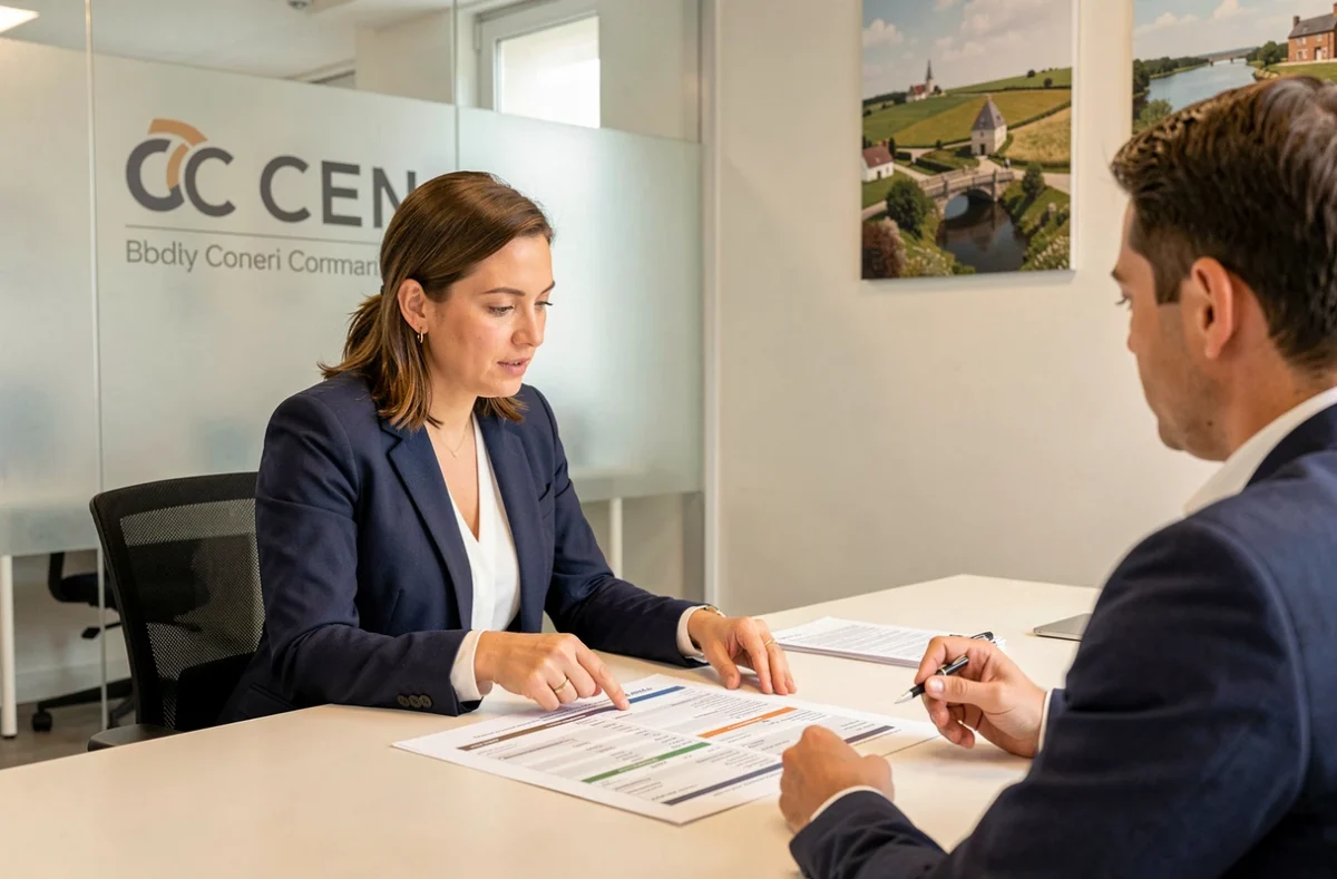 Conseillère de La Centrale de Financement Calvados présentant des offres de prêt immobilier à des clients