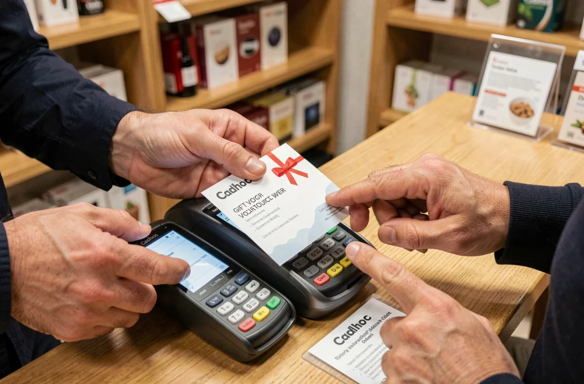 Gros plan sur un chèque Cadhoc présenté à un terminal de paiement en boutique avec panneau d'information sur les règles d'utilisation