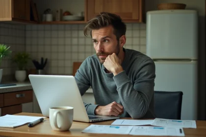 Homme au chômage consultant des documents administratifs sur la prime d'activité à son bureau de cuisine
