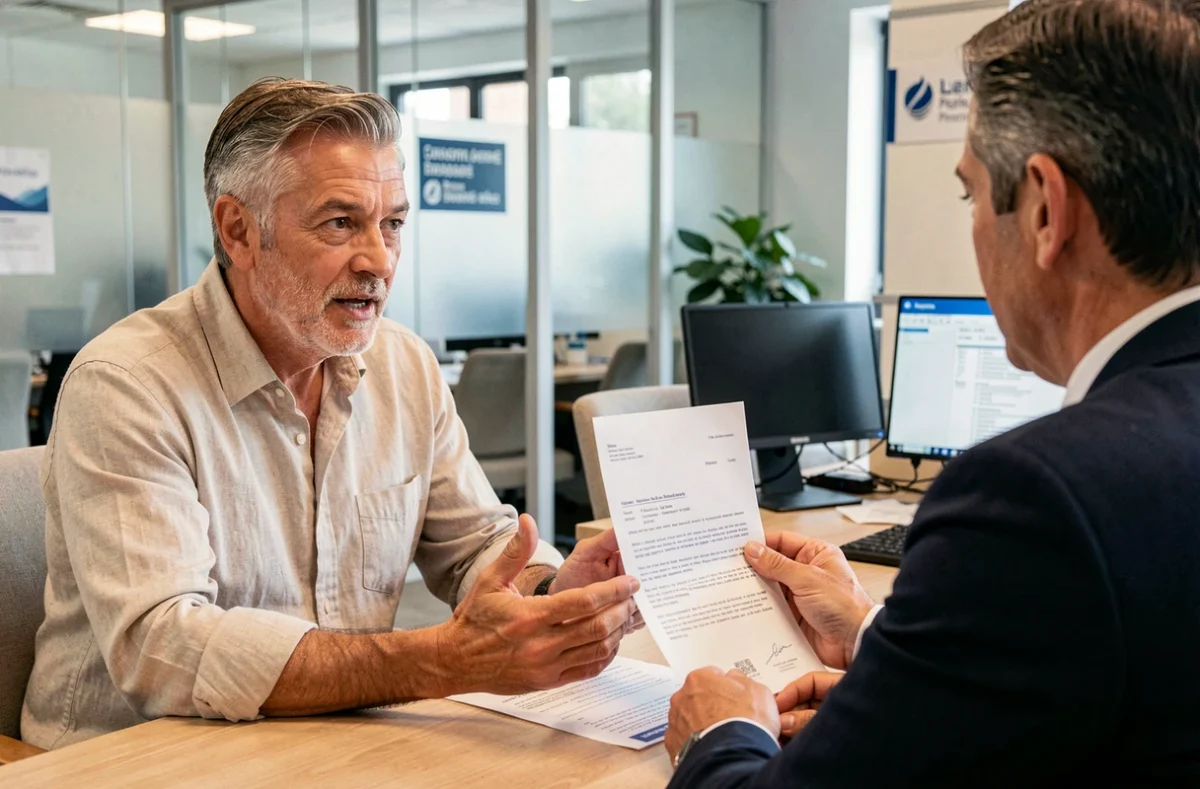 Client discutant de la résiliation de son contrat avec un conseiller dans une agence d'assurance après un sinistre