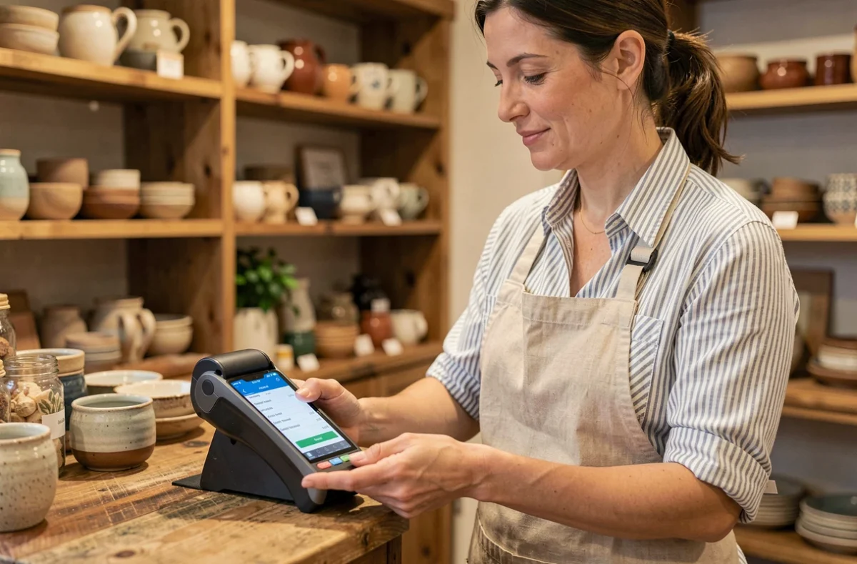 Commerçante artisane encaissant un paiement sans contact via terminal connecté dans sa boutique indépendante