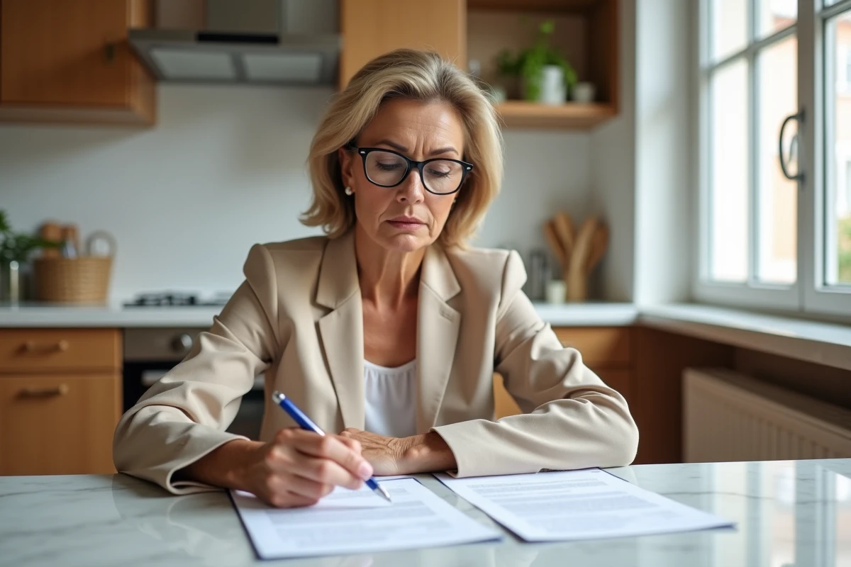 Une femme comparant un contrat de capitalisation et une assurance vie à domicile, symbolisant la prise de décision patrimoniale