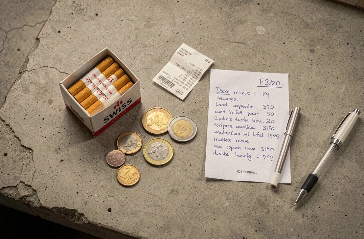 Vue aérienne d'un paquet de cigarettes suisses entouré de pièces en euros et en francs suisses avec une note de prix manuscrite