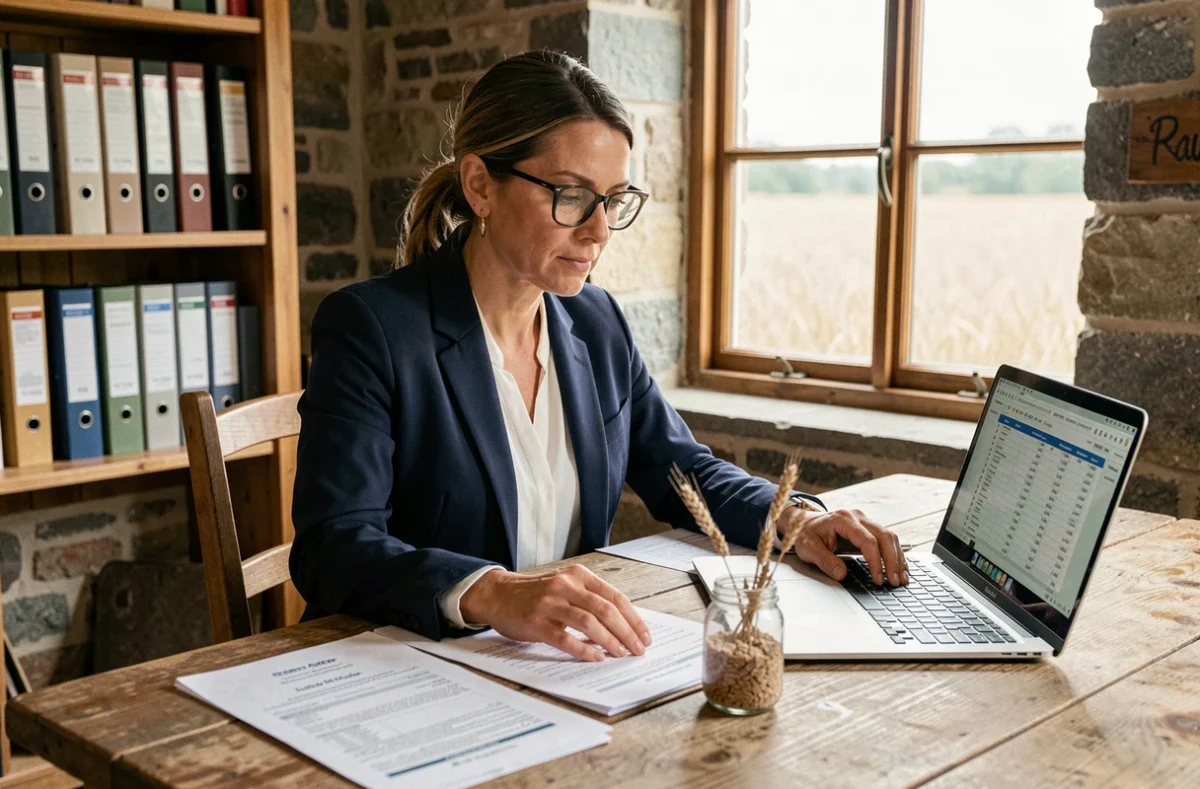 Comptable agricole analysant les documents de calcul du fermage et les indices de prix du quintal de blé 2026