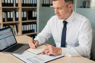 Comptable calculant l'amortissement non déductible d'un véhicule de tourisme sur des documents fiscaux