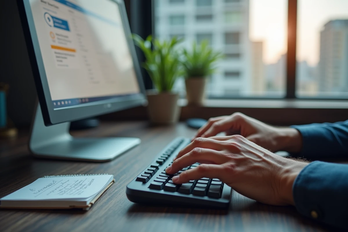 Bureau d'un investisseur avec un compte Coinbase bloqué affiché sur écran d'ordinateur