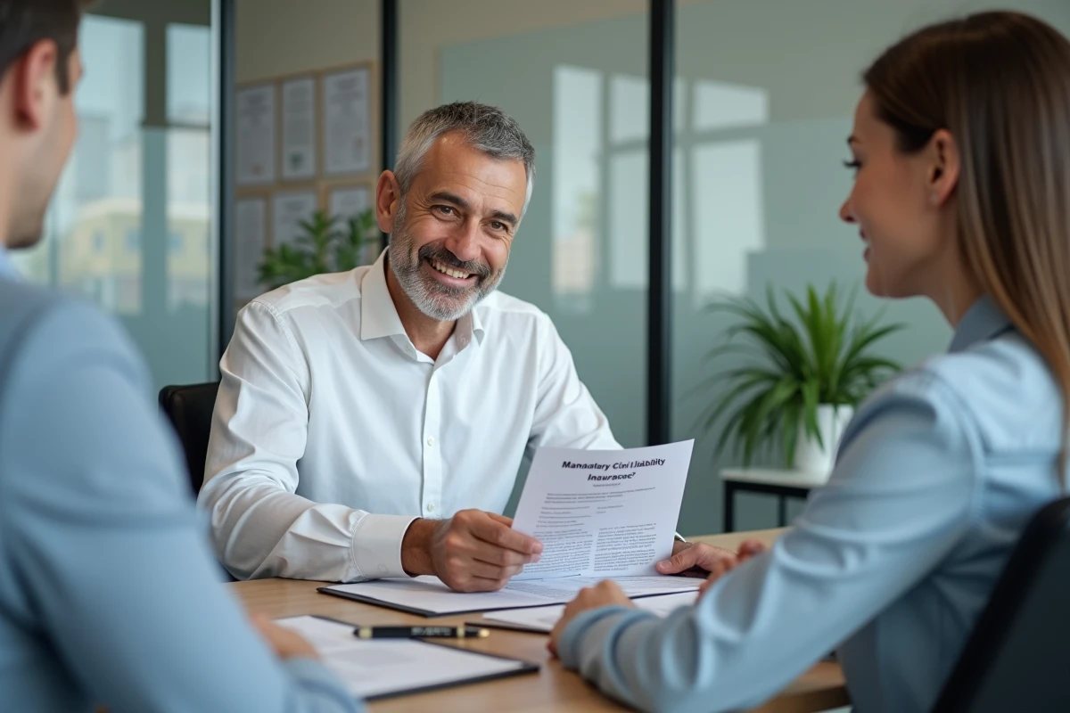 Conseiller en assurance expliquant les RC obligatoires à un couple de particuliers
