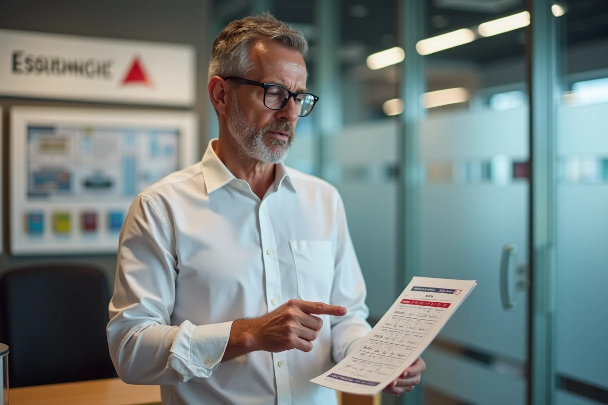 Conseiller en assurance présentant un tableau comparatif des prix dans une agence