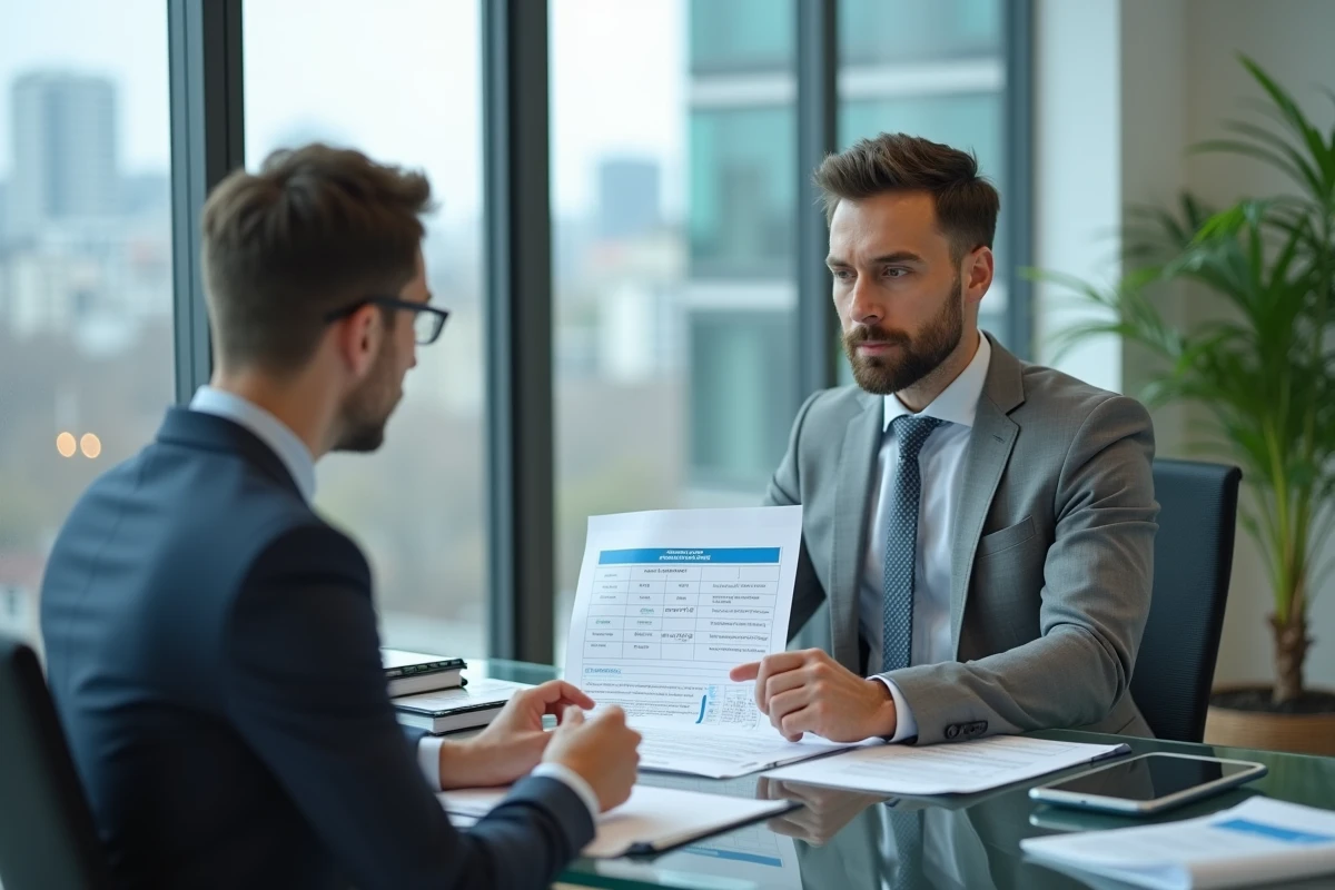 Conseiller bancaire expliquant le fonctionnement d'un prêt relai immobilier à un client dans une agence moderne