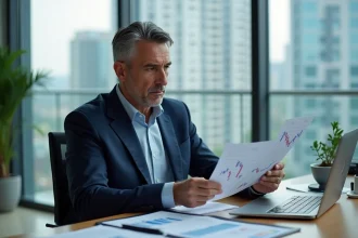 Conseiller financier analysant des graphiques de baisse des fonds en euros dans un bureau moderne