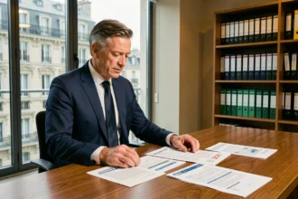 Conseiller financier analysant des documents SCPI et assurance-vie dans un bureau parisien moderne