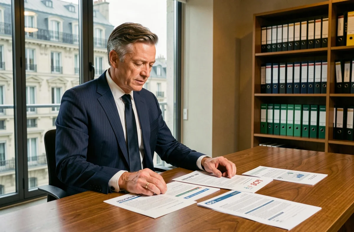 Conseiller financier analysant des documents SCPI et assurance-vie dans un bureau parisien moderne