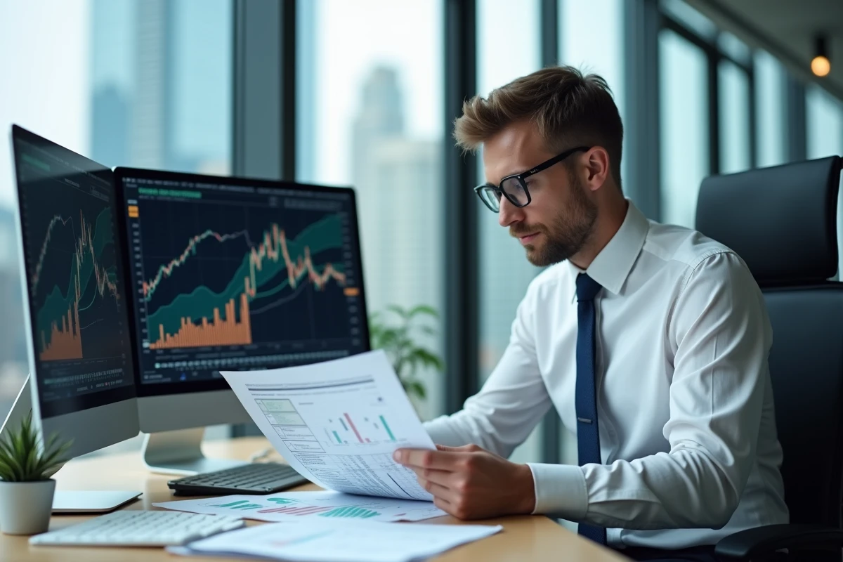 Conseiller financier analysant les taux du fonds euro sur des documents imprimés dans un bureau moderne