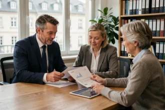 Conseiller en gestion de patrimoine dans le Haut-Rhin discutant avec un couple lors d'une consultation financière dans un bureau moderne