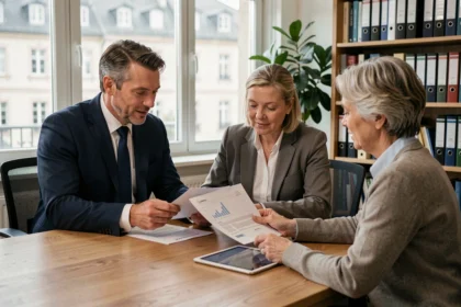 Conseiller en gestion de patrimoine dans le Haut-Rhin discutant avec un couple lors d'une consultation financière dans un bureau moderne