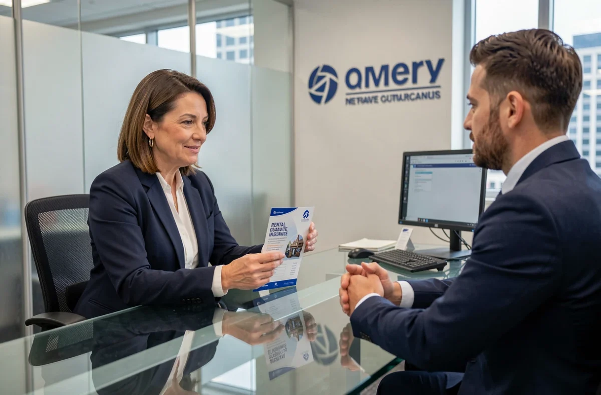 Conseillère en assurance présentant une offre de garantie loyer impayé à un client en agence