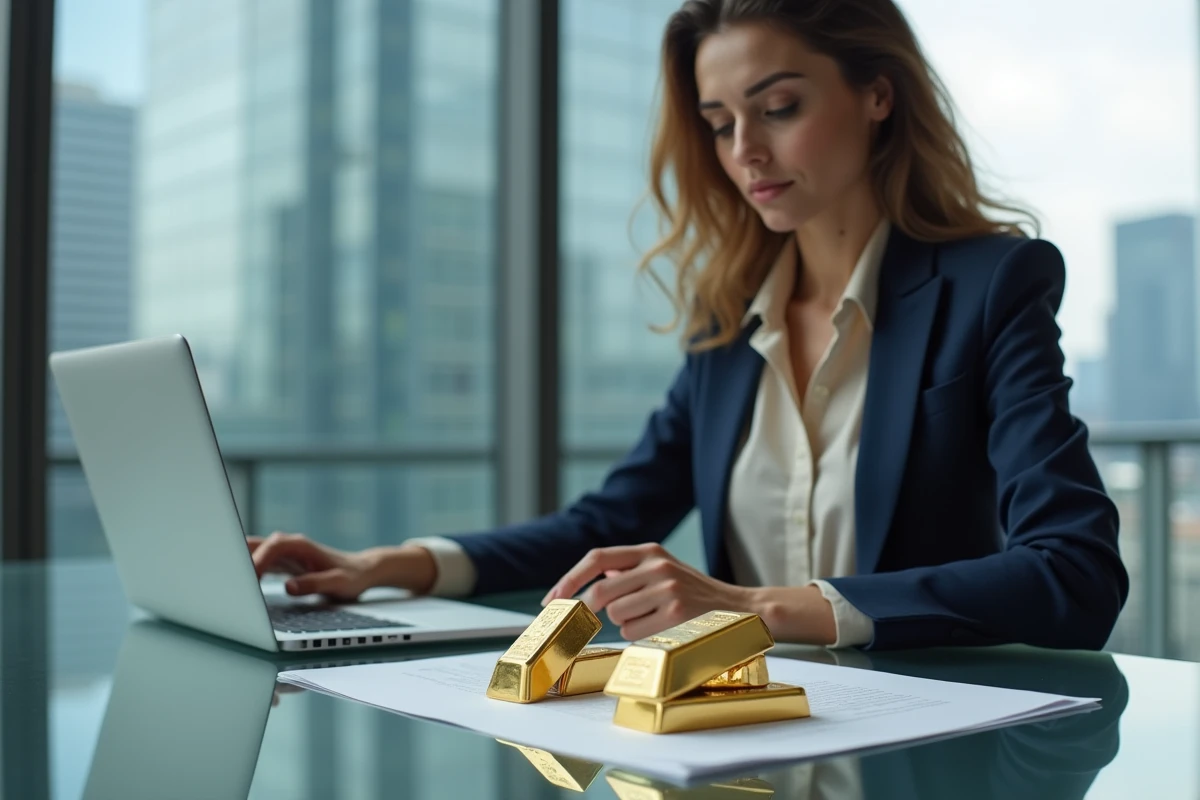 Femme conseillère financière comparant des lingots d'or et d'argent sur un bureau moderne en ville