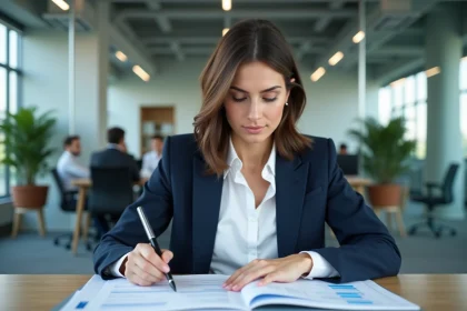 Consultante chez KPMG analysant des documents de salaire dans un bureau moderne