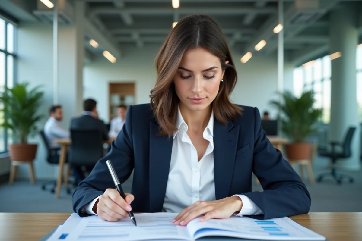 Consultante chez KPMG analysant des documents de salaire dans un bureau moderne
