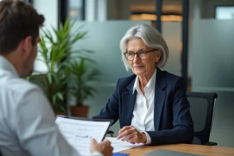 Une femme en pré-retraite consulte un conseiller financier dans une agence bancaire pour préparer sa retraite