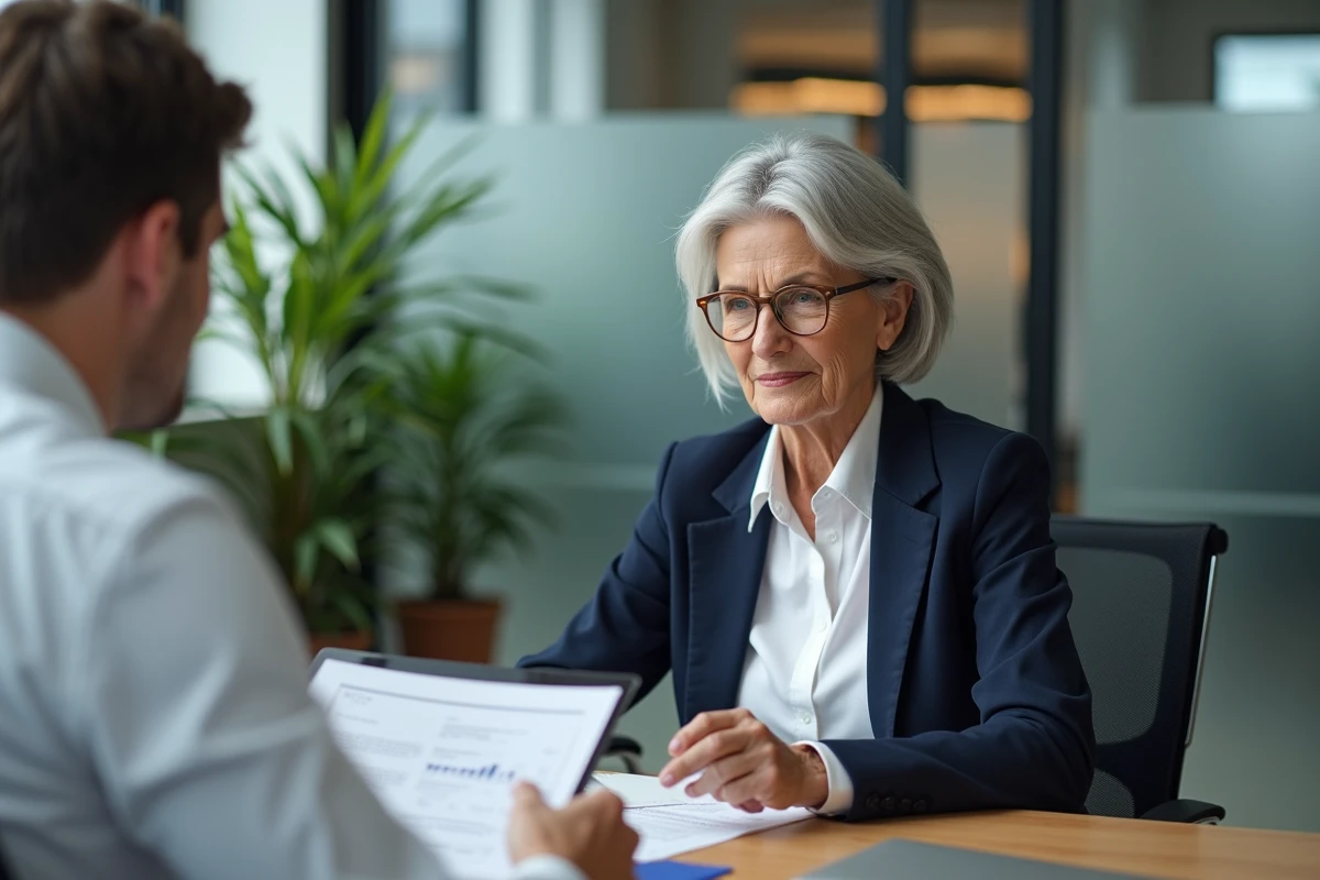 Une femme en pré-retraite consulte un conseiller financier dans une agence bancaire pour préparer sa retraite