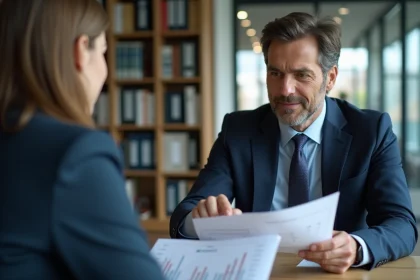 Un conseiller financier et un client examinant des documents liés à un contrat de capitalisation et une assurance vie dans un bureau professionnel