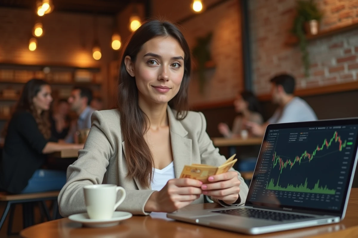 Femme comptant des billets en euros après avoir échangé des bitcoins sur une plateforme en ligne dans un café