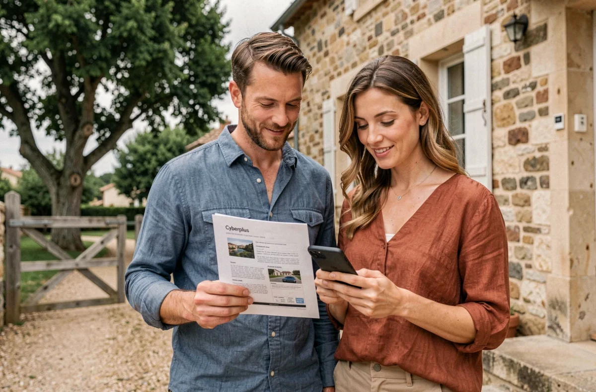 Couple consultant l'application Cyberplus Banque Populaire devant une maison à acheter en Aquitaine