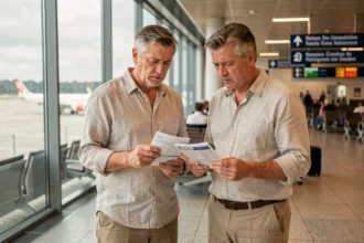 Couple de voyageurs consultant leur assurance voyage Leclerc dans un aéroport international