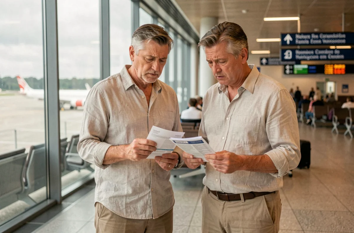 Couple de voyageurs consultant leur assurance voyage Leclerc dans un aéroport international