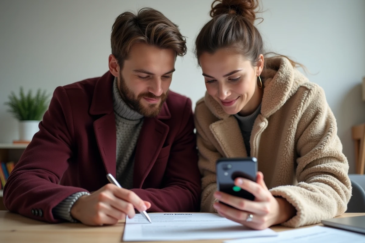 Couple vérifiant ensemble leur éligibilité à la prime de Noël chômage sur smartphone et documents