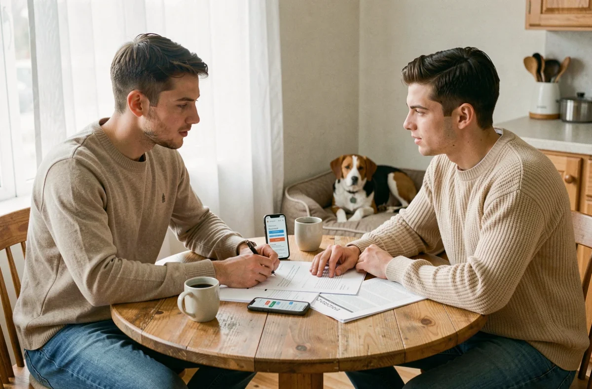 Couple comparant des offres d'assurance chien pas chère à la maison autour d'une table en bois