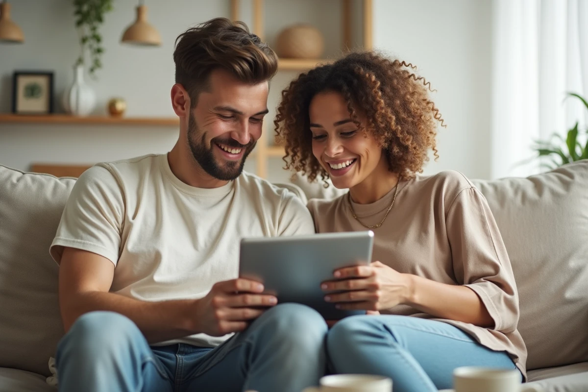 Couple comparant les banques en ligne sur une tablette pour trouver la moins chère