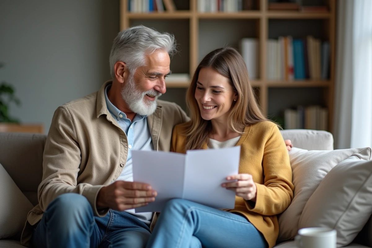 Couple comparant deux contrats d'assurance dans leur salon pour changer de couverture