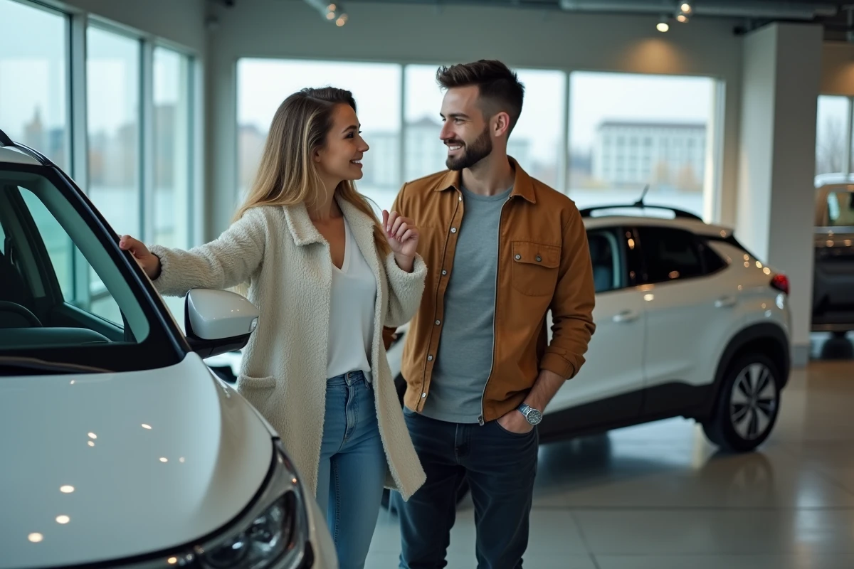 Couple en concession automobile examinant l'étiquette de prix d'un véhicule compact, évoquant un budget voiture à 100 euros par mois