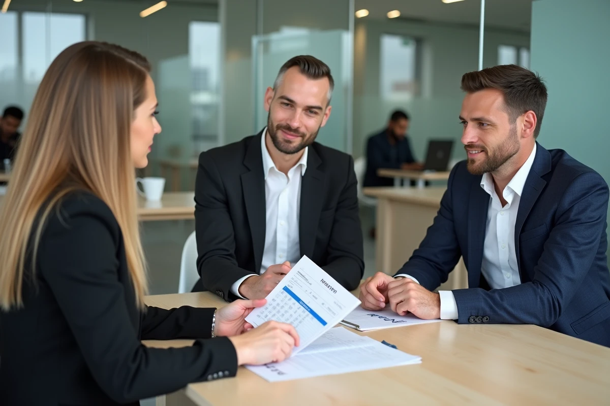 Un couple rencontre un conseiller bancaire pour discuter du calcul de leur assurance de prêt immobilier